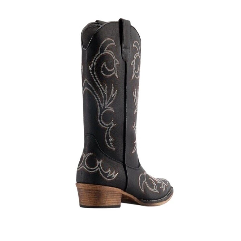 Women 8 Square-toe Mid-Calf Cowgirl Boots Embroidered Western Black- Dream Paris - Picture 6 of 14